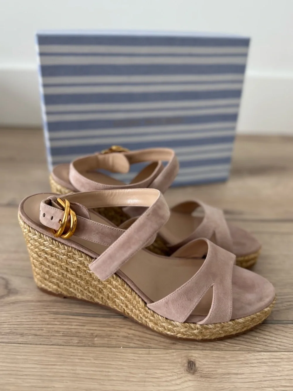 NEW Stuart Weitzman Zuzu Suede Espadrille Wedge Sandals 9.5 Nude Blush - Picture 2 of 8